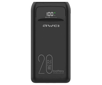 Powerbank AWEI P169K 20000mAh 22.5W czarny wyświetlacz + kable PD/Lightning